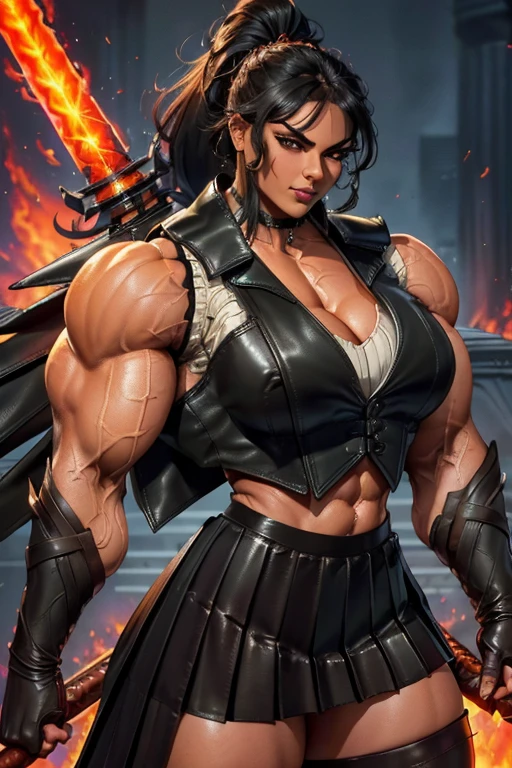 ((((Massive, beautiful, buff, light brown skinned, muscular woman with black hair, black lipstick, glowing orange eyes, ginormous bulky muscles, and wearing a beautiful long black leather cheongsam dress)))), close view, massive muscles, massive biceps, hyper muscle triceps, (straight long hair), orange eyes, (studded wristband), high heels boots, (in a sea of black flames), surrounded by black fire, night, smirk, hyper muscles arms, hyper muscle legs, massive arms.
