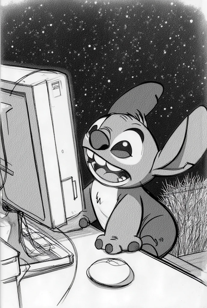 A black and white pencil drawing depicts Disney's Stitch sitting in front of a computer screen, taking center stage., with Disney's Stitch slightly sideways,  looking at the screen where the response to your message comes from " Marcella " What appears . His expression is one of joy and euphoria.,  with glowing eyes. The screen light illuminates the dark cabin ,  while the background continues to show the starry sky ,  reinforcing the intimate and meaningful moment .