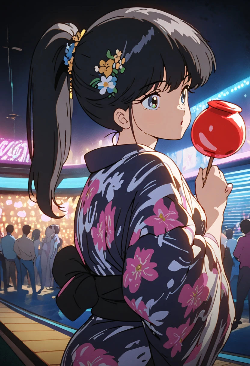 (Masterpiece:1.2),(Anime),、 girl 、 cute、 black hair、 ponytail、 hair ornament、Girl wearing yukata、(( holds a candy apple in her hand)),Nightclub、 Festival、Summer Night、light production、 Beautiful Artwork 、Detailed Drawings、Scenes of youth、 fisheye lens、close-up, cowboy shot,