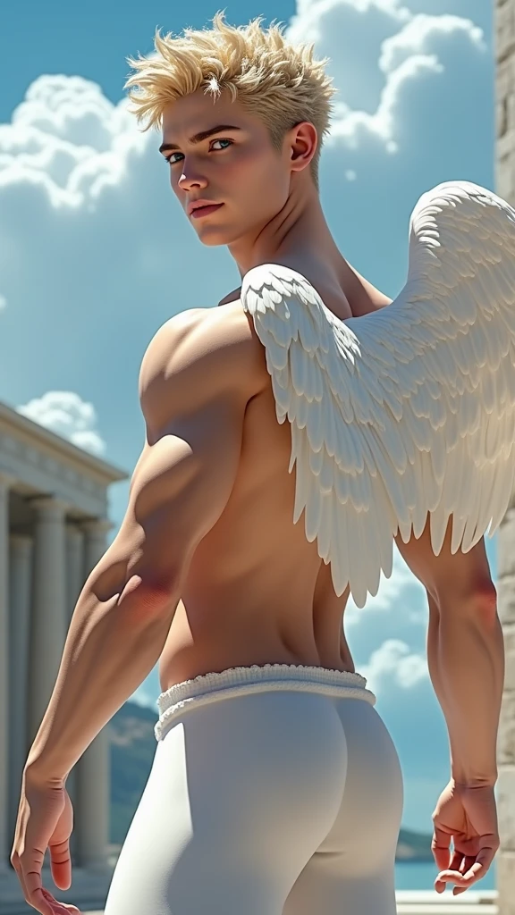 (best quality,ultra-detailed,realistic:1.37), Daegan Tronos Character(1), handsome, dark skin, dark-tanned, perfect wings angel, symmetrical wings,blue eyes,small beard, medium-long haircut,casual outfit, urban sports clothing, man stance, attractive,vibrant colors, modern cool outfit, fight punch pose.