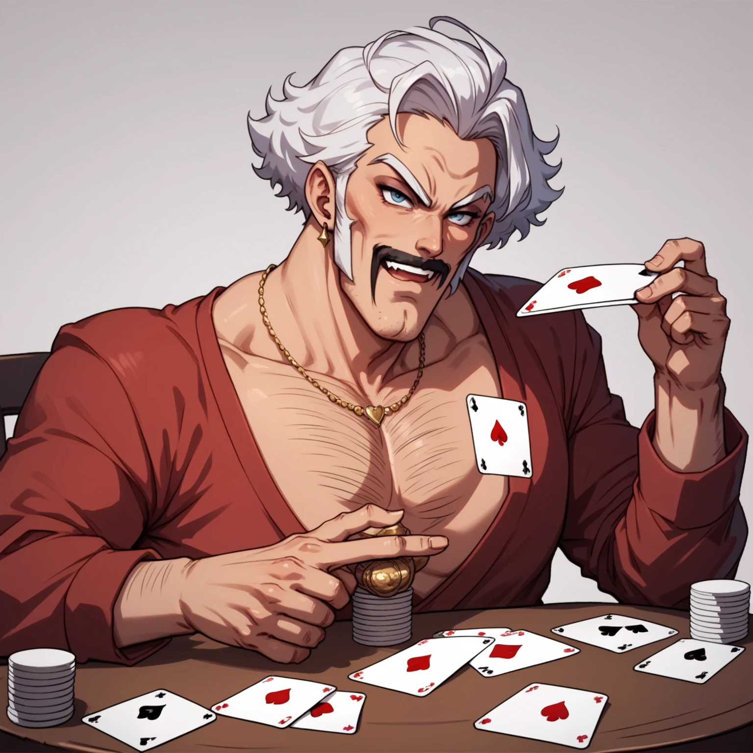 Create a drawing of Mr Satan and Roshi sitting at a table playing cards