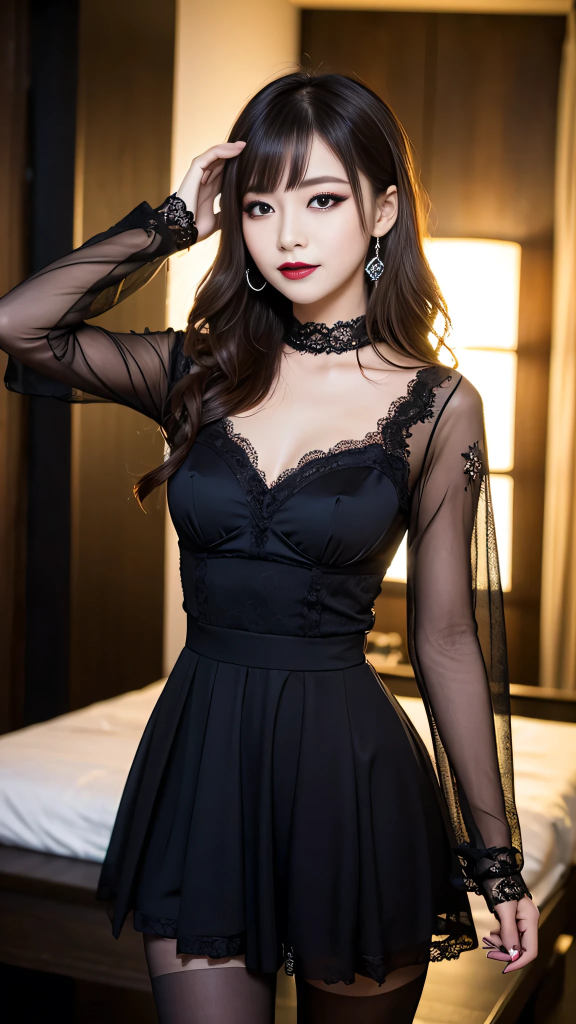 Super detailed、Japanese、charming beauty、seductive adult woman、Dainty woman、sharp eyes、cool girl、wavy hair、suit、Black chiffon、lacy fabric、wide sleeve、Jacket、white blouse、flare skirt、pantyhose、Shiny legs、evilの幹部、evil depravity、brainwashing、Mind control、left hand holding lips、grin、邪evilなな表情、evil、empty eyes、邪evilな、Church of Darkness、seductive pose、