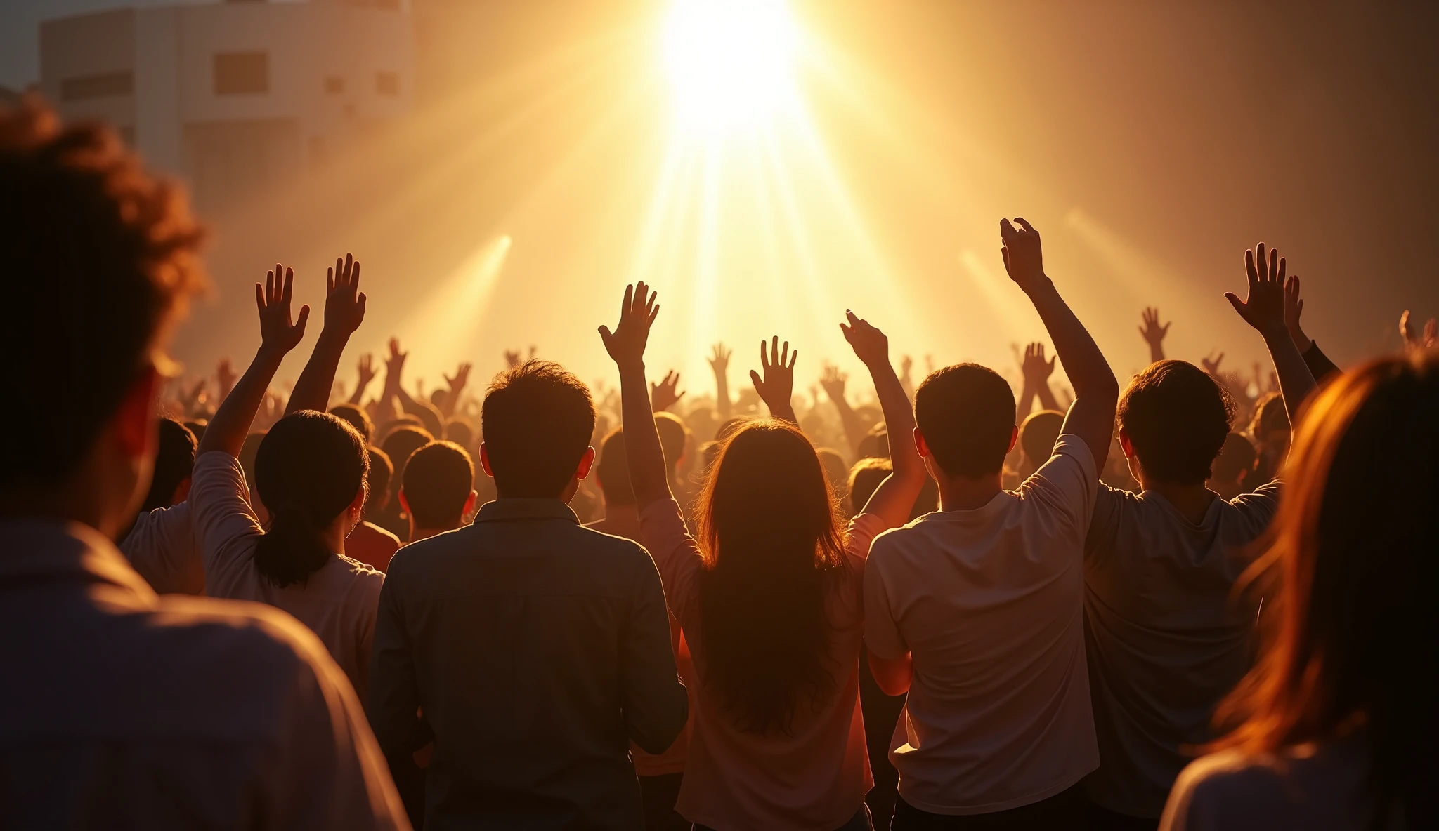 A diverse group of people looking up with awe and expectation, some kneeling in prayer, others raising their hands in praise, with a light shining from above.", "Fiel expectación", "El regreso de Cristo debe ser la esperanza viva de la Iglesia, un anhelo constante que guíe su andar.