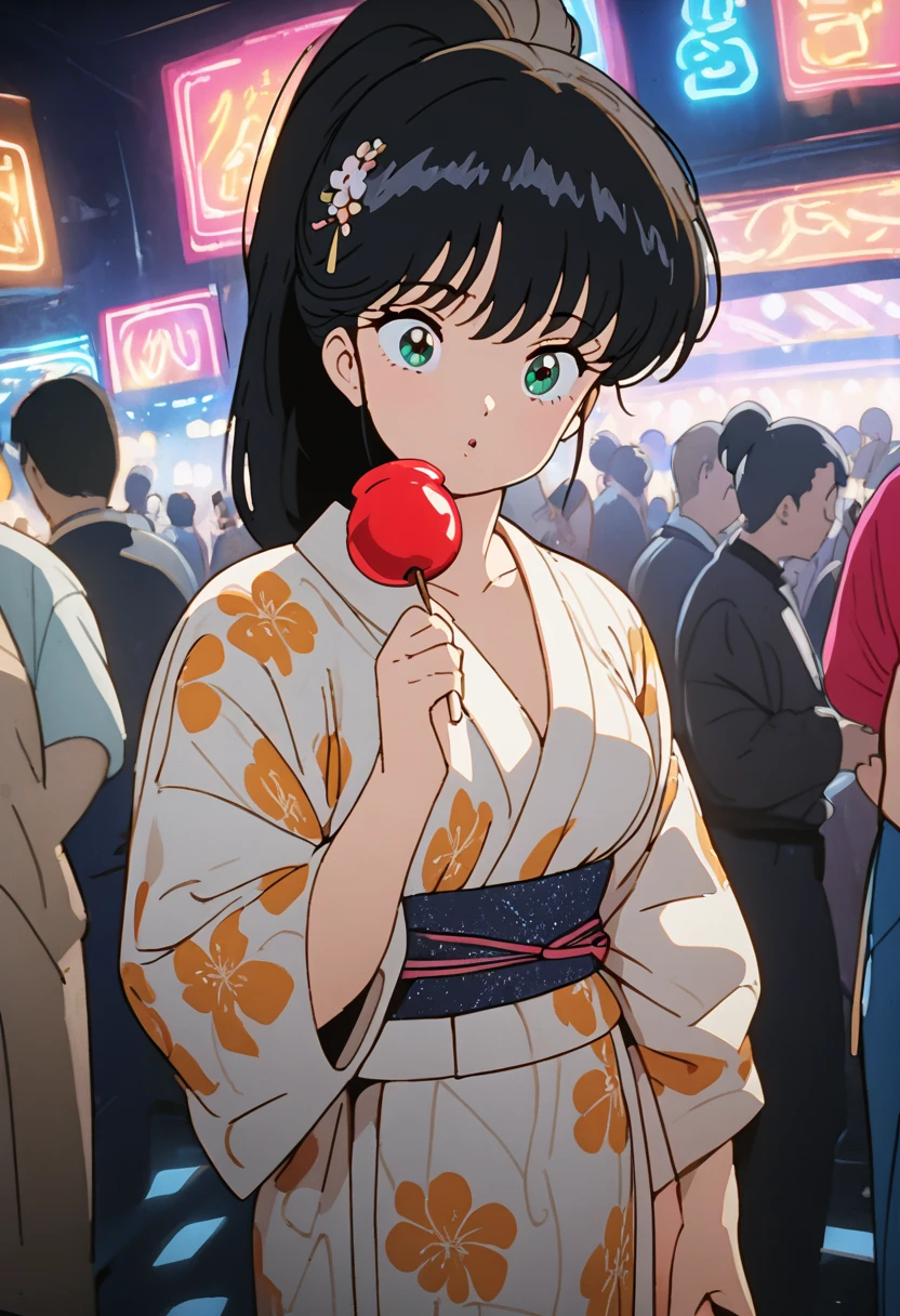 (Masterpiece:1.2),(Anime),、 girl 、 cute、 black hair、 ponytail、 hair ornament、Girl wearing yukata、(( holds a candy apple in her hand)),Nightclub、 Festival、Summer Night、light production、 Beautiful Artwork 、Detailed Drawings、Scenes of youth、 fisheye lens、close-up, cowboy shot,