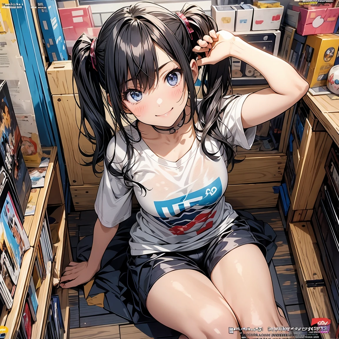 (Masterpiece), ( best quality ),   Details,  Otaku Girl  , difficult,  Twin Tails, long wavy hair  Twin Tails.hair between eyes, Dark Blue Eyes  ,smile, Masterpiece,  best quality , up to date,( taut chest:1.2), (Pointed Chest:1.2),(from below:1.2, best quality ), girl  ,  dark platinum colored hair  、Otaku uniform :1.2,  purplish blue eyes that the dreamer wants , ((Otaku Girls)), dark,  messy hair, Hair above the eyes, blush,Armpit hair, (  half sleeve t-shirt  ), shorts,  sitting in a gaming chair , Otaku Room,Play PC Games  :1,3, medium breasts,  skinny, open your mouth, ( nerd game magazine cover :1.6),(with sparkling eyes and a contagious smile),Her Thin Pubic Hair :1.2,  stare at viewers