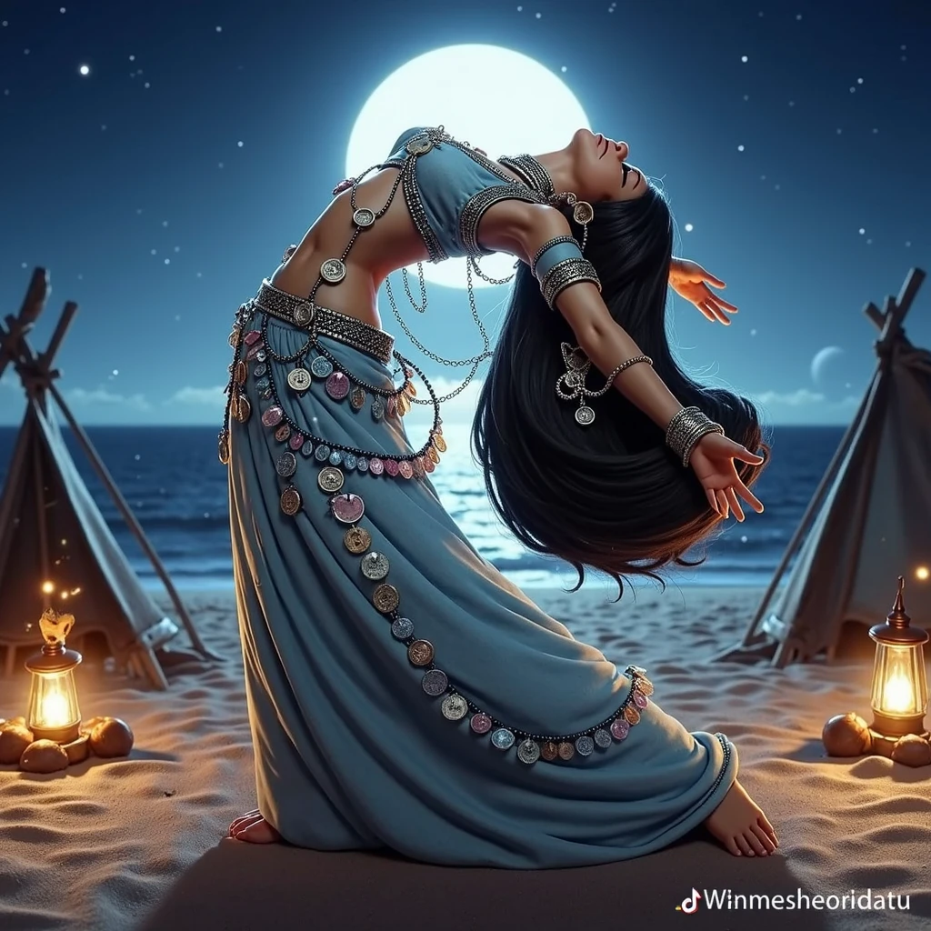 hermosa hechicera haciendo u ritual en la playa foto realista ultradetallada