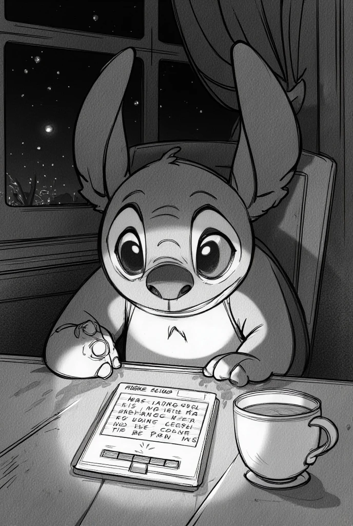  A black and white pencil drawing shows Disney's Stitch sitting in his cabin ,  facing an illuminated screen . . He has a serene and attentive expression ,  your large eyes focused on the message that appears on the screen ,  as if you were absorbing every word .  The soft light of the screen reflects your face ,  while in the background the cabin remains dark ,  with only the glare of the screen illuminating the scene .

The screen is centered ,  with some words visible ,  symbolizing the message exchanges that take place between Stitch from Disney and the other person,  but the details of the message are subtly shaded ,  making it clear that the focus is on the emotion of the moment .  Small details around ,  like a cup of tea and a window overlooking the night field ,  reinforce the sense of an environment quiet and intimate .  Scenery conveys a sense of silent connection ,  of someone who listens and offers support with kindness , even without being seen .