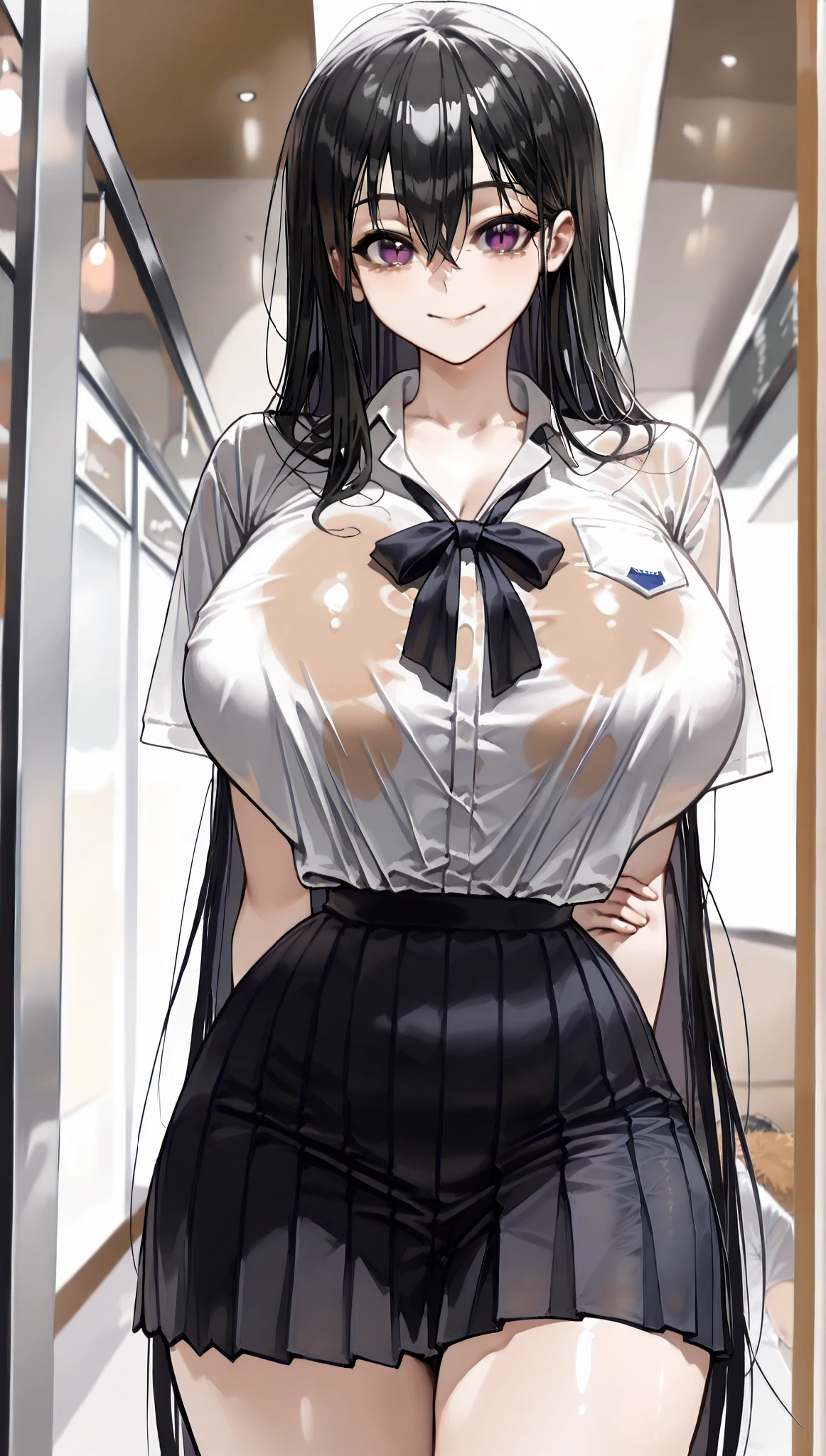 Anime, (걸작, 고해상도, 2k 해상도, 매우 상세한), 정면, (1 여자, 완벽한 얼굴),(black_straight_long_hair),(purple eyes), 어두운 조명, (see-through school uniform shirt), (((cute, pretty, beautiful))),looking at viewer, ((front half body shot)), humongous breasts, standing in front of the cafe, adult,mature, (very_tall), hand behind back