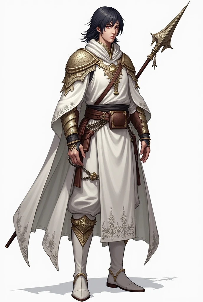  Make a male character style d &d. with medium black hair,  red eyes .  It appears to be 1 meter and 40 cm . average height.  With a long spear in the right hand White clothes with a mesh edge with gold details and some pieces of plates with white details.  And a small bag around the waist  . A white plate boot .