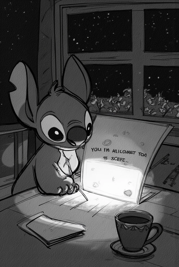  A black and white pencil drawing shows Disney's Stitch sitting in his cabin ,  facing an illuminated screen . . He has a serene and attentive expression ,  your large eyes focused on the message that appears on the screen ,  as if you were absorbing every word .  The soft light of the screen reflects your face ,  while in the background the cabin remains dark ,  with only the glare of the screen illuminating the scene .

The screen is centered ,  with some words visible ,  symbolizing the message exchanges that take place between Stitch from Disney and the other person,  but the details of the message are subtly shaded ,  making it clear that the focus is on the emotion of the moment .  Small details around ,  like a cup of tea and a window overlooking the night field ,  reinforce the sense of an environment quiet and intimate .  Scenery conveys a sense of silent connection ,  of someone who listens and offers support with kindness , even without being seen .