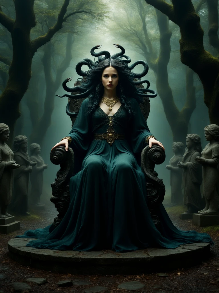 very wide shot, perspective, Medusa, detailed face, her hair is composed of writhing snakes, sitting on the throne shrouded in deep shadows, a regal and terrifying figure, beautiful, ((flowing Grecian robe made of deep black silk with subtle green undertones)), golden snake-themed jewelry BREAK ultra high res, extremely detailed, ((raw photo, realistic, photorealistic)), deep focus, sense of depth, dark atmosphere, menacing, mystical, sense of haunting beauty BREAK in a mysterious deep dark forest, dense fog, towering twisted trees, ((several stone statues frozen mid-motion in the foreground)), dim beams of light penetrate through the forest canopy, cinematic lighting, high contrast lighting, (((masterpiece, best quality, high quality)))