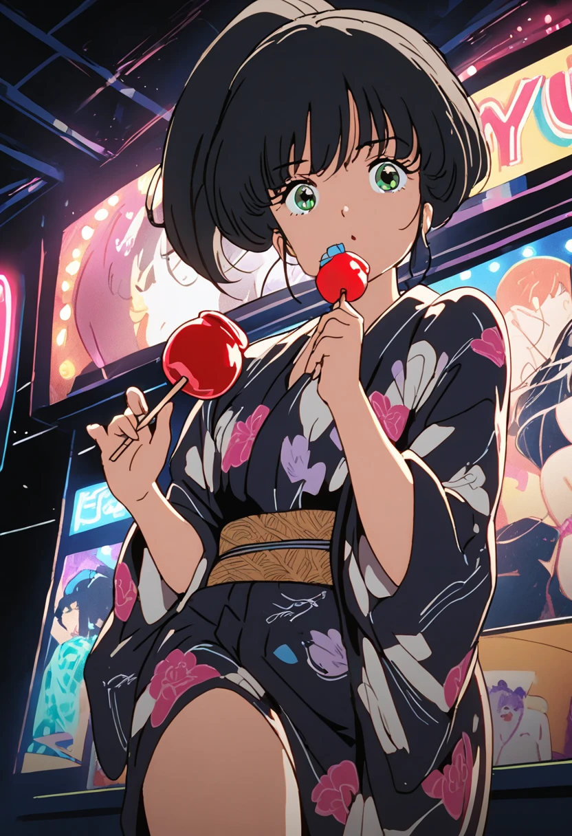  girl 、 cute、 black hair、 ponytail、 hair ornament、Girl wearing yukata、(( holds a candy apple in her hand)),Nightclub、 Festival、Summer Night、light production、 Beautiful Artwork 、Detailed Drawings、Scenes of youth、 fisheye lens、close-up, cowboy shot,