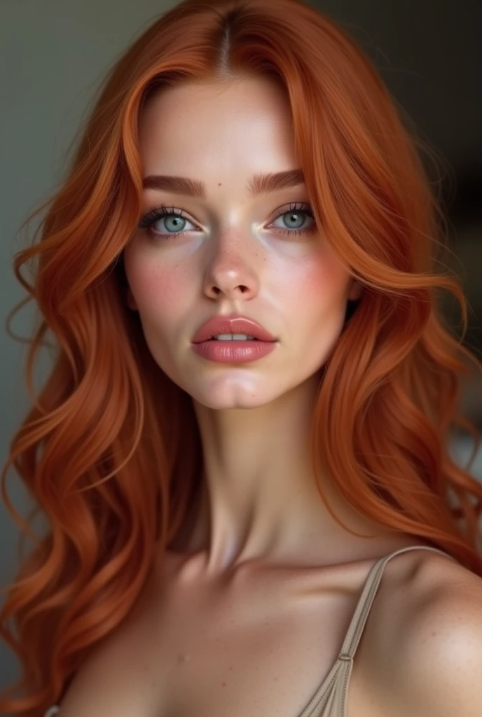 a girl with long wavy red hair, white teeth, full lips, brown eyes, heart-shaped face, voluptuous figure, large full round breasts, faint freckles, whole body, naked, sexy look, smiling, accurate, anatomically correct, textured skin, super detail, high quality, award winning, highres, 4K, masterpiece