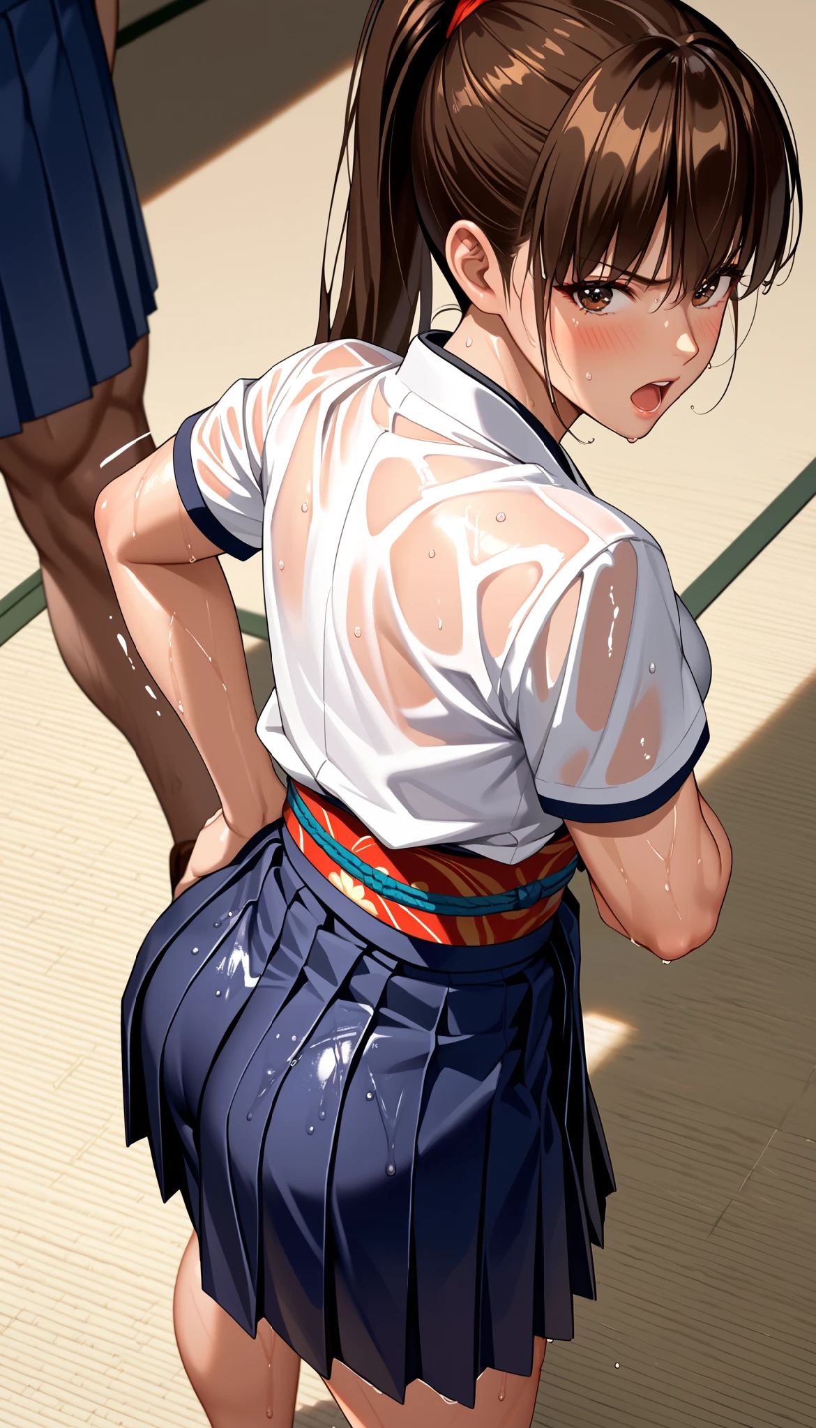 DOALeiFang, LeiFangDOA, gasp, Captured by men, Captive, Surrounded by men, Attacked by men:1.5, Many men:1.5, Man grabs her arm, Man attacks from behind, Man grabs her leg, Men Swarm 1:5, Man hands on her hips:1.7, (wet short sleeve white solid kimono tops and high waist dark-blue maxi-length (skirt, hakama) with dark-blue obi:1.4), be breathless, sweat, sparkling sweat, trembling, (long brown straight hair:1.2), brown eyes, breasts, [[angry]], blush, {anguish}, {{shameful}}, (butt focus, from behind:1.3),(looking back:1.3), (from side, from above:1.4),
