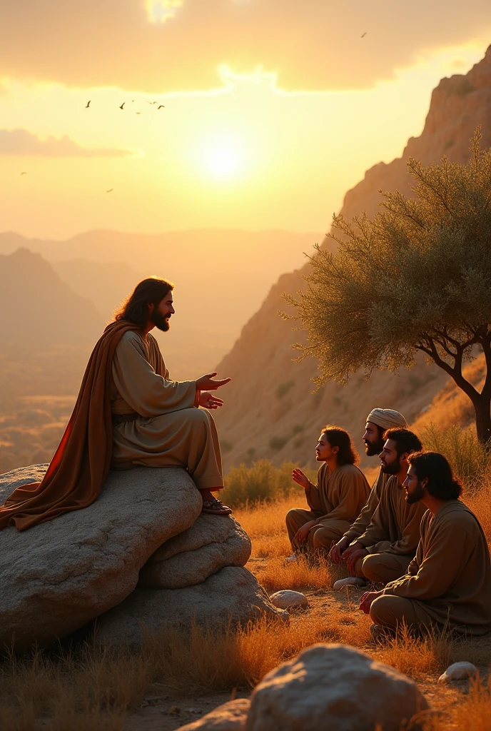 arfed image of a group of people sitting on a hill, absolutely remarkable image, calmly talking 8k, biblical illustration, beautiful image, jesus,in a scenic background, the most beautiful scene, by Kurt Roesch, spiritual scene, afternoon meeting point, beautiful scene, in a desert oasis lake, by Willy Bo Richardson, serene scene