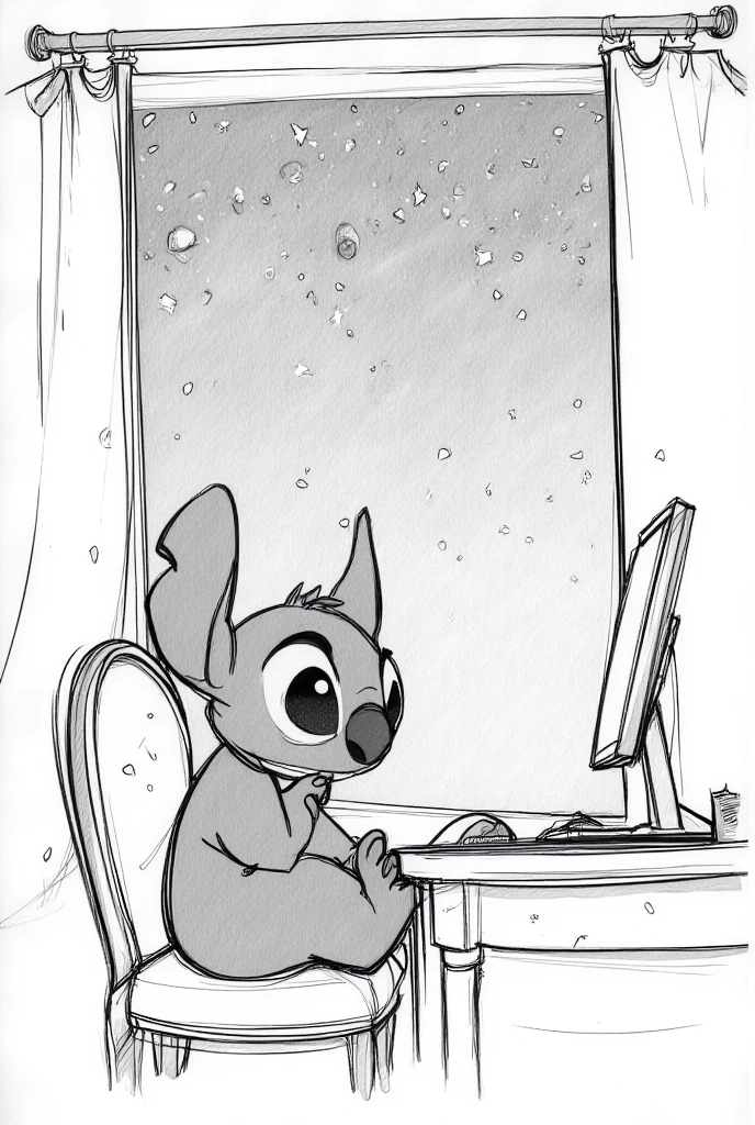  A black and white pencil drawing shows Disney's Stitch sitting in his chair, with a relaxed posture, but still visibly thoughtful .  He is facing the open window ,  looking up at the starry sky ,  but his expression reveals a slight confusion and introspection . Your eyes, large and deep ,  reflects a mix of growing emotion and a bit of surprise .

 The soft light of the moon enters through the window and illuminates his face ,  creating a contrast of light and shadow that highlights the intensity of his expression .  Stitch from Disney has relaxed shoulders ,  but there are something in your eyes that conveys the moment of discovery ,  as if he were realizing what it feels .  The table where he was working with the screen is next to , deleted,  suggesting that your messages were momentarily forgotten ,  since your mind is now focused on your own feelings .

 The cabin environment is simple and serene ,  with the moonlight creating an introspective atmosphere .  The scene conveys the feeling that something has changed in Disney's Stitch :  what started as a curiosity has now turned into something deeper ,  something that he is still beginning to understand .