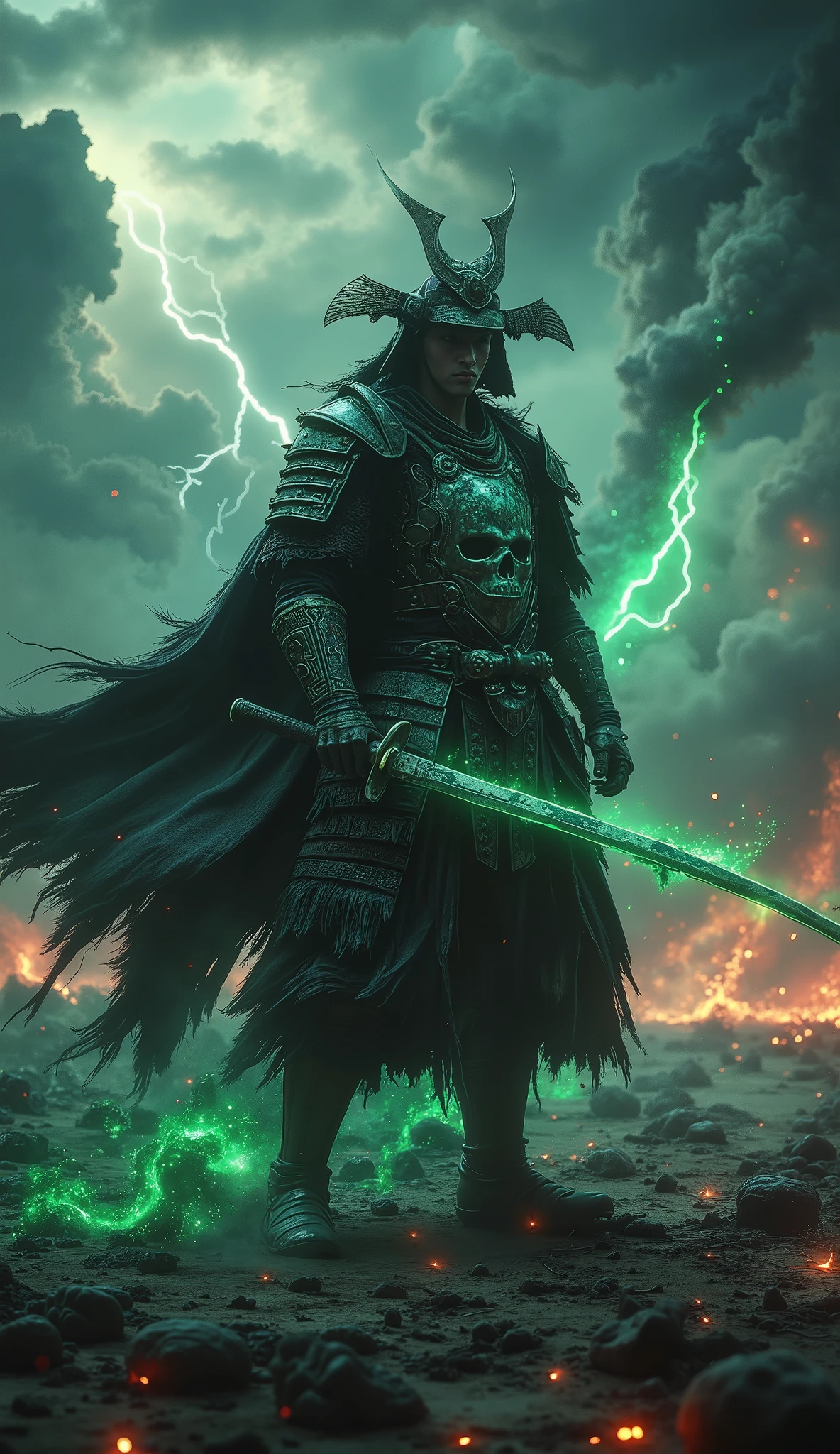 A hyper-realistic, dynamic scene set in a shadowy wasteland where honor and darkness collide. A lone samurai stands as the focal point, cloaked in jagged, tarnished armor intricately adorned with menacing skull motifs. His katana emits an ominous dark green aura that pulsates with raw, mysterious energy, casting an eerie, unearthly glow across the battlefield. The desolate terrain stretches endlessly, marked by cracked earth, scorched remnants of past battles, and faintly glowing embers scattered in the shadows. The samurai’s stance is powerful and deliberate, his dark, weathered cloak billowing dramatically in the wind.
Above, turbulent storm clouds roil, pierced by sharp streaks of lightning that momentarily illuminate the crimson edges of the horizon. The battlefield is shrouded in swirling mist and ash, adding depth and motion to the composition. Dust rises from the ground as if responding to the immense energy emanating from the samurai.
The scene is captured with intricate detail: the textures of the tarnished armor, the gleam of the katana’s blade, and the menacing green glow reflect on the surrounding debris. The high-contrast lighting emphasizes the interplay of light and shadow, enhancing the samurai's aura of power and the tension of the moment. This cinematic masterpiece blends vivid realism, dynamic motion, and an atmosphere thick with mystery and impending action.