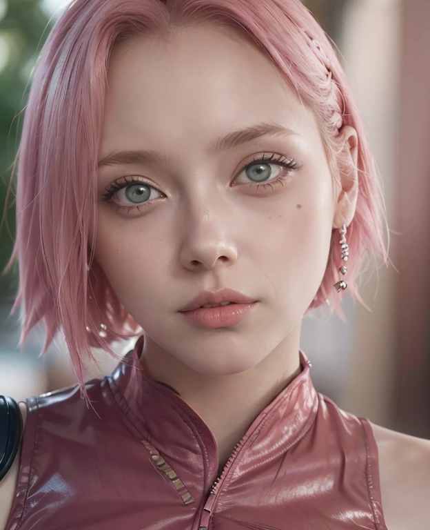 young woman, short shoulder-length pink hair, wide forehead, porcelain skin, pink eyebrows, big emerald green eyes, buttoned nose, full lips, heart-shaped face, slender body, small breasts, red tank top, Sakura Haruno , realistic, realism, details, 3d, well detailed
