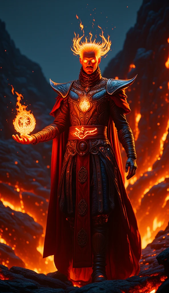 (best quality, 128k, highres, masterpiece:1.2), ultra-detailed, (realistic, photorealistic, photo-realistic:1.37), ((masterpiece)) ((photography)) ((Highest quality)) Create an illustration of a fire mage in a dark, volcanic landscape. The sorcerer stands with confidence, flames dancing around their hands and body, their eyes glowing an intense fiery orange, radiating heat and power. Their robes are crimson and black, adorned with glowing ember-like patterns. The background features lava streams and molten rocks, with sparks rising into the air, adding to the fiery atmosphere.