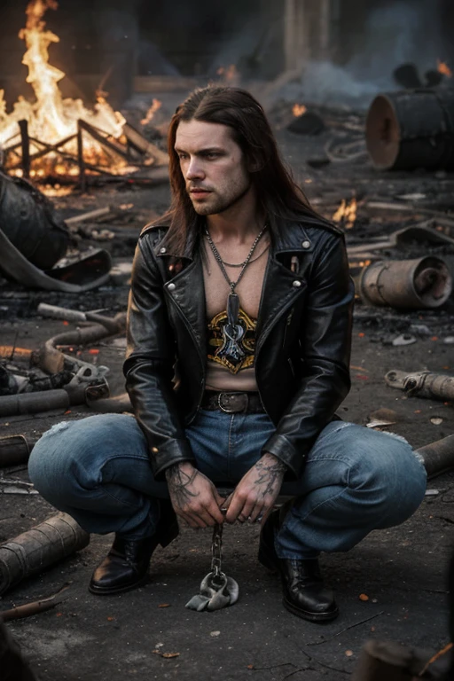 Skinny rocker with long hair and black leather jacket wears jeans, an Iron Maiden shirt holding a burning chain in a hellish setting with several demons fallen and dead on the ground 