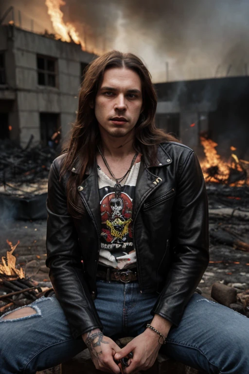 Skinny rocker with long hair and black leather jacket wears jeans, an Iron Maiden shirt holding a burning chain in a hellish setting with several demons fallen and dead on the ground 