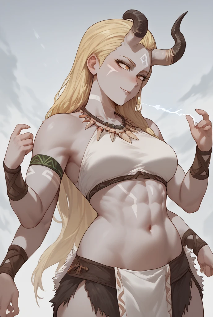 Woman, gray skin, blonde hair, 4 arms, horn, one broken horn, white tribal style top, anime style 