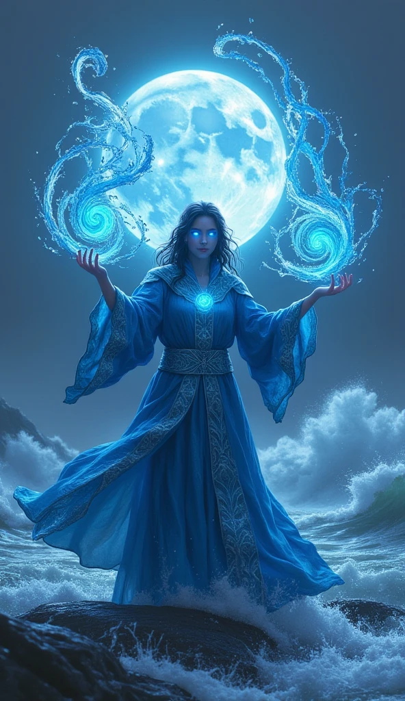 (best quality, 128k, highres, masterpiece:1.2), ultra-detailed, (realistic, photorealistic, photo-realistic:1.37), ((masterpiece)) ((photography)) ((Highest quality)) Create an illustration of a water mage standing by a serene, moonlit ocean. The sorcerer raises their arms, summoning swirling water tendrils that shimmer under the moonlight. Their eyes glow a deep aqua blue, reflecting the depth and power of the ocean. Their flowing robes are shades of blue and silver, adorned with patterns resembling waves. The background features crashing waves and mist, creating an atmosphere of tranquility and strength.