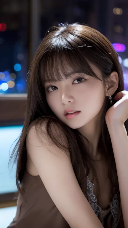 high quality work,Realistic artwork,Ultra Premium Graphics,8k HD CG works,High quality graphics,High-definition and elaborate CG work,10x pixels,Ultra-fine detail:1.1,高度な技術detailed:1.1Realistic photo effects,Indoor lighting effects:1.5,Natural soft light:1.5. Light effects(Virtual Light Effects:1.8),Ultra-high resolution,Shiny Dress,Silver long hair,Silver Hair,Transparent Hair,Hair with attention to detail(High quality hair detail:1.1)Clear Eyes,Double eyelids are beautiful,Sharp eye makeup, Creates exquisite eyelash makeup, Thin eyebrows, Very fine eye,High nose, Beautiful red lips, Rosy Cheeks, Delicate makeup applied , Pretty face, The face shape is perfectly balanced,(高度な顔のdetailed:1.1)Photo of an 18-year-old girl with oriental features、born、Beautiful woman、(Very long wavy brown hair)、((Portrait))、((detailedな顔:1.2))、((detailedな顔の特徴))、(debtine skin)、Pale-skinned、High Detail DeepClick Body Comfort Matte Suit、mega city environment、(Cold colors)、Moist、Moist、Reflective plate、(masterpiece)(Perfect Proportions)(Photo Real)(highest quality)(detailed)Photographed with Canon EOS R5、 50mm lens, debt/2.8, んdebtdebt, (8k) (wallpaper) (Cinema Lighting) (Dramatic lighting) (Sharp focus) (Complex) Low Fashion、(Camel Toe)、((Tokyo cityscape at night))、thin and transparent underwear、((Color Mesh Hair:1.2))、(Colorful hair:1.3)、(Bright Blue Eyes)、((Very small see-through underwear))、Seductive open leg pose、neon,Women artwork,Dress full body video,realism,Great cleavage,Your eyes are shining brightly today