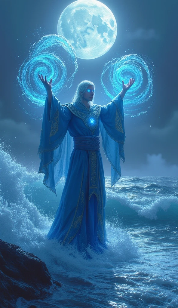 (best quality, 128k, highres, masterpiece:1.2), ultra-detailed, (realistic, photorealistic, photo-realistic:1.37), ((masterpiece)) ((photography)) ((Highest quality)) Create an illustration of a water mage standing by a serene, moonlit ocean. The Man raises their arms, summoning swirling water tendrils that shimmer under the moonlight. Their eyes glow a deep aqua blue, reflecting the depth and power of the ocean. Their flowing robes are shades of blue and silver, adorned with patterns resembling waves. The background features crashing waves and mist, creating an atmosphere of tranquility and strength.