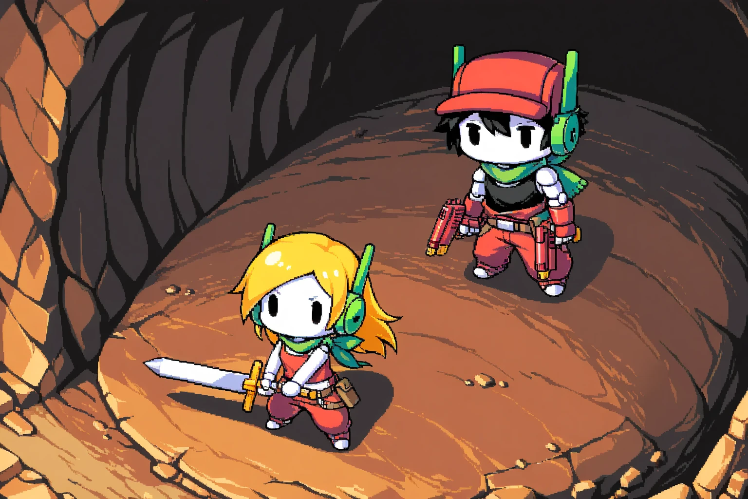 solo,(1couple:1.2). BREAK .1boy\(Mr-Traveler\(Quote,Cave Story\),white skin,(black tank-top),red pants,(green ear:1.3), green headset,red cap\(with (silver plate)\), black hair, green scarf, robot,holding white sword,chibi \). BREAK .1girl\(Curly Brace\(Cave Story\) holding red gun,long blonde,short red shirts,red pants,red gun,robot,open neck,open stomach, chibi \). BREAK .from above,pixel,masterpiece,best quality