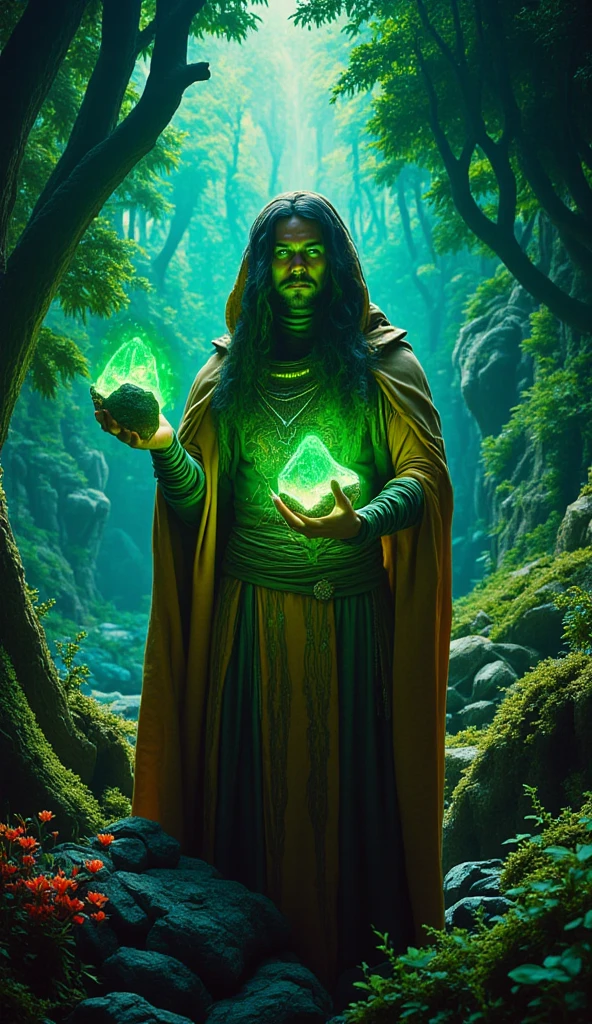 (best quality, 128k, highres, masterpiece:1.2), ultra-detailed, (realistic, photorealistic, photo-realistic:1.37), ((masterpiece)) ((photography)) ((Highest quality)) Create an illustration of an earth mage in a lush, ancient forest surrounded by towering trees and rocky outcrops. The sorcerer channels the power of nature, their eyes glowing a vibrant emerald green. Their hands are surrounded by floating chunks of glowing rock and vines. Their outfit is earthy and rugged, made of leather and moss-covered fabric. The background features vibrant greenery, blooming flowers, and cracks in the earth glowing with magical energy.