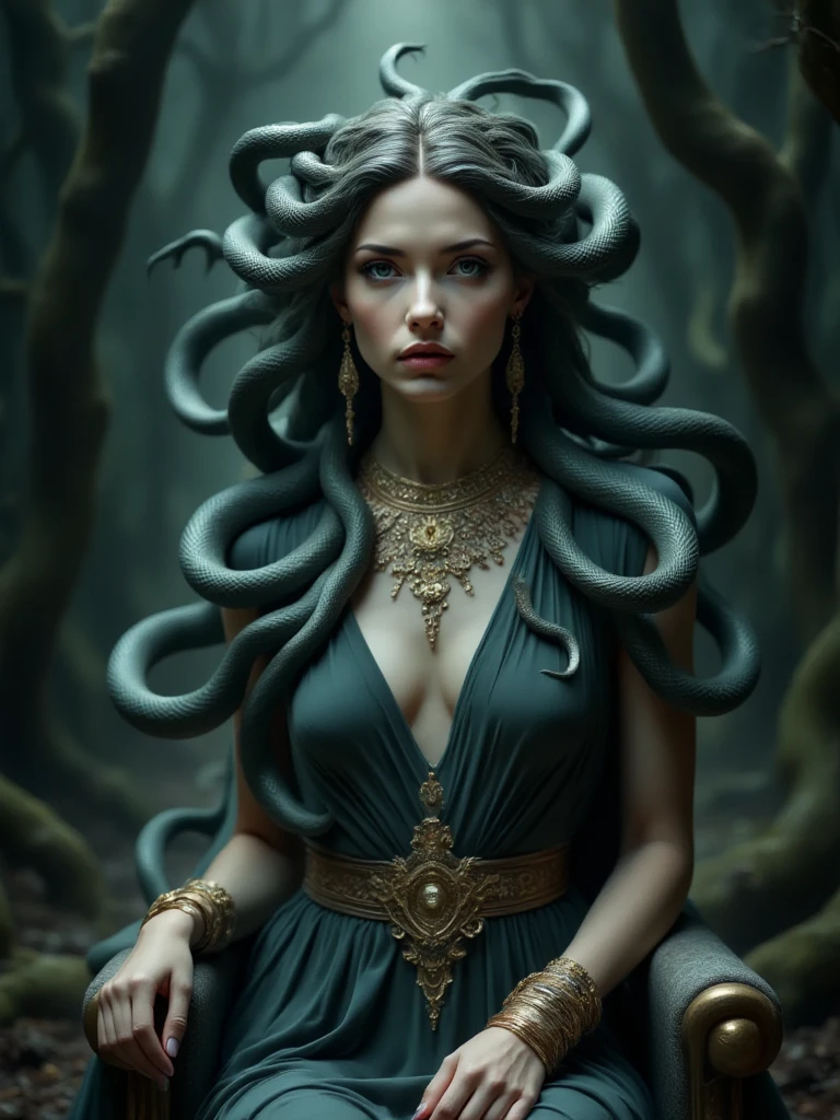 very wide shot, perspective, Medusa, detailed face, her hair is composed of writhing snakes, sitting on the throne shrouded in deep shadows, a regal and terrifying figure, beautiful, ((flowing Grecian robe made of deep black silk with subtle green undertones)), golden snake-themed jewelry BREAK ultra high res, extremely detailed, ((raw photo, realistic, photorealistic)), deep focus, sense of depth, dark atmosphere, menacing, mystical, sense of haunting beauty BREAK in a mysterious deep dark forest, dense fog, towering twisted trees, ((several stone statues frozen mid-motion in the foreground)), dim beams of light penetrate through the forest canopy, cinematic lighting, high contrast lighting, (((masterpiece, best quality, high quality)))