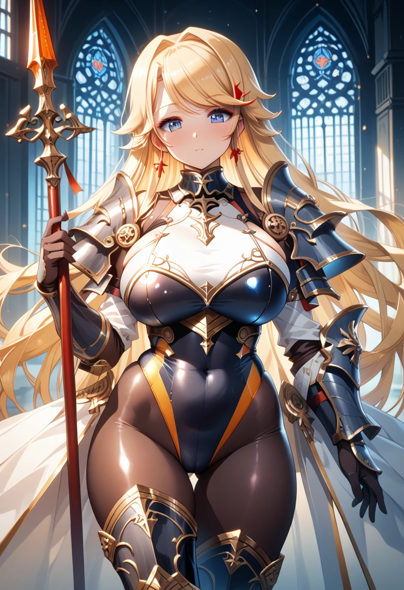 ((highest quality)), ((masterpiece)), ((kawaii: 1.3)), sexy, seductive, Fantasy art, (solo), 1girl, ((vulgarity: 1.5)) ,((curvy: 1.5)), ((skindantation: 1.2)), perfect face, makeup, ((Azur Lane)), Curvy thicc body, blush, embarrassed, ((armor dress leotard armor)), ((white long sleeve competitive swimsuit: 1.3)), ((skin-tight black high leg leotard: 1.4)), ((skin-tight black thighs-high Bodystocking: 1.3)), ((huge pauldron)), (long gauntlet gloves), mechanical spear, A spear in his hand, ((blond hair long straight hair)), ((swept bangs)), ((huge breasts)), wide hips, (Plump curvy see through thighs), ((thigh gap)), (black thighs-high boots: 1.3), (pussy line: 0.8), (mokkori pubis mound), gleaming skin, zettai ryouiki, beautiful blue eyes, Perfect hands, perfect fingers, beautiful blue eyes, cathedral