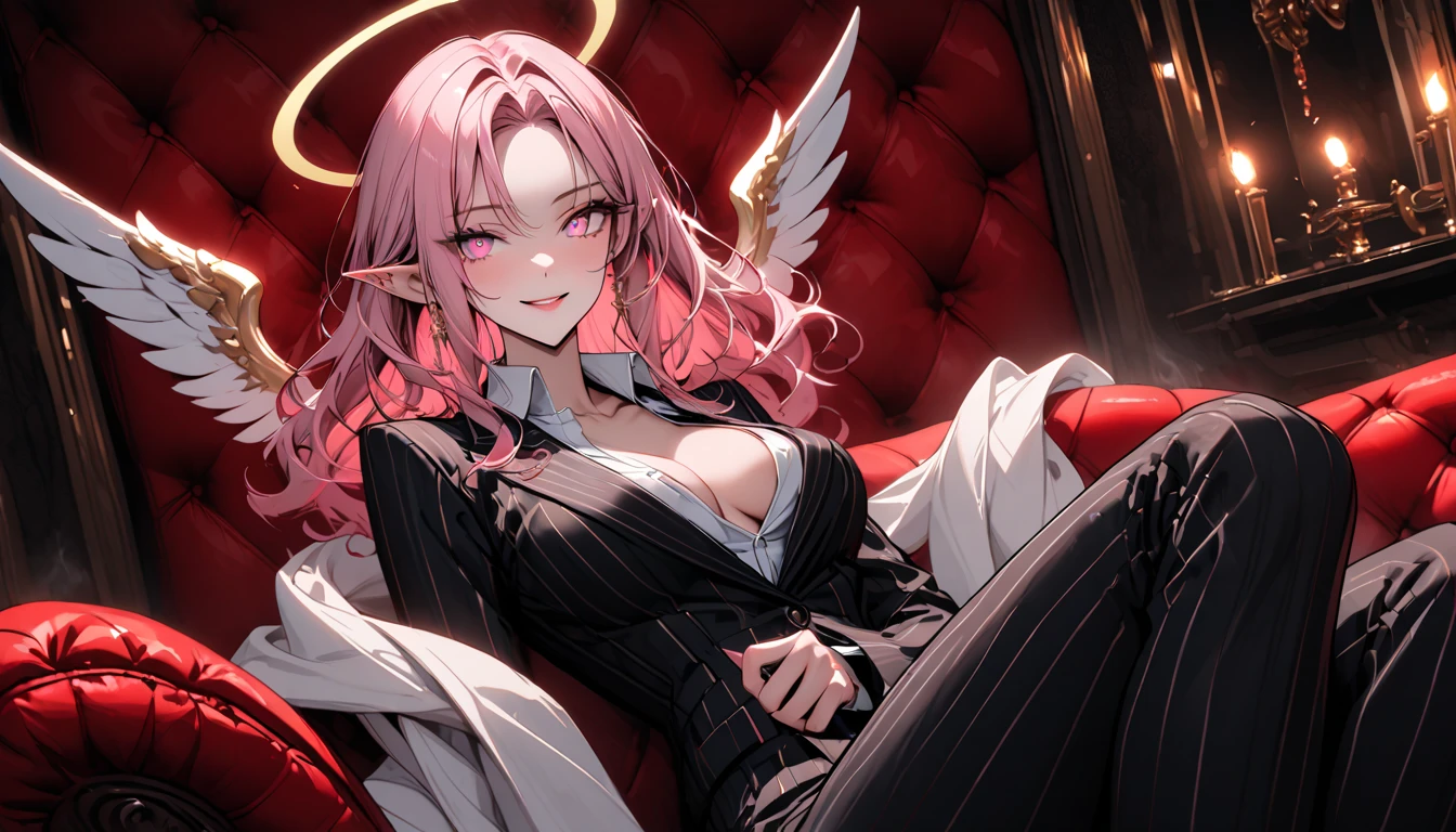 master piece,best quality,1girl,mature female,Circe\(fate\),Circerud,pink hair,rainbow eyes,normal feather,wearing white suit,,white business suit,tie))),smile,separated lips, inside,interior of luxury villa,