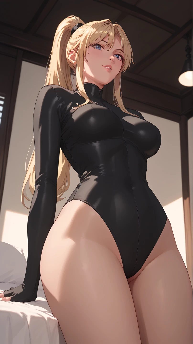                                                
                                   
 black body suit                       　            　 bed　                                　　　　　　　　　　      invited position 　 sexy　 showing private parts 　 open thighs　 　　　M-shaped legs　                      
   ecstatic expression　
Kaori Saeki　No hat　　　　　　                        
 long hair,  ponytail from below the surface, Blonde, 