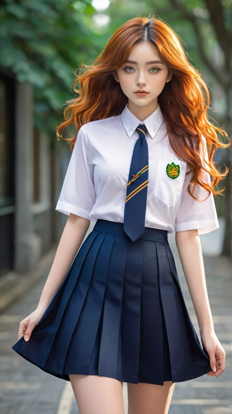  She has long, bulky hair in a deep orange ,  that fall in wild curls around her shoulders ,  difficult to tame ,  but which match her vibrant personality perfectly .  Her bright green eyes are intense ,  conveying curiosity and determination .  The school uniform consists of a white short-sleeved shirt ,  impeccably fitted ,  with the school emblem embroidered on her left pocket . About her,  she wears a tie in shades of dark blue and gold ,  that gives a touch of formality ,  but that she She often loosens to feel more at ease .  The pleated navy blue skirt reaches a few centimeters above the knees ,  and she completes the look with white socks up to the middle of the shin and well-polished black shoes .  To add a touch of her personality ,  she wears a small sheet-shaped brooch attached to her shirt pocket ,  symbolizing your connection with nature . Despite the uniform ,  her rebellious hair and confident posture make her stand out in any crowd,  that she is someone who is not afraid to be different .