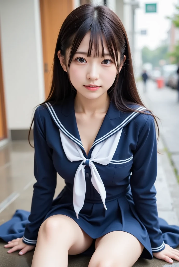  wearing a navy blue skirt and a traditional long-sleeved sailor suit with white accents、Fair-skinned Japanese  ******  professional photo of a girl .  she is sitting on a wet pavement ,  with her legs slightly open ,  Wearing .  composition emphasizes the slight reflection of her white pants in a small puddle .  The image emphasizes her idol-like beauty and 、Clearly ,  smooth skin and delicate facial features .  Soft, Natural Lighting ,  gentle shadows that enhance the texture of the uniform and the reflective surface of the puddle The .  the background is blurred to draw attention to the subject ,  composition creates a quiet yet playful atmosphere, and the .  Photographed with a 50mm lens f  /2. 8 ,  photorealistic aesthetics .