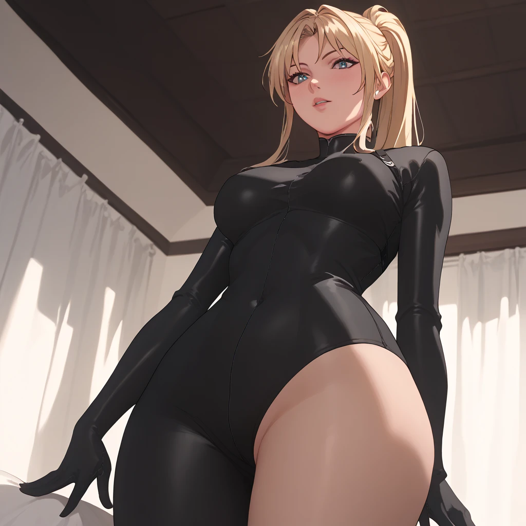                                                
                                   
 black body suit                       　            　 bed　                                　　　　　　　　　　      invited position 　 sexy　 showing private parts 　 open thighs　 　　　M-shaped legs　                      
   ecstatic expression　
Kaori Saeki　No hat　　　　　　                        
 long hair,  ponytail from below the surface, Blonde, 