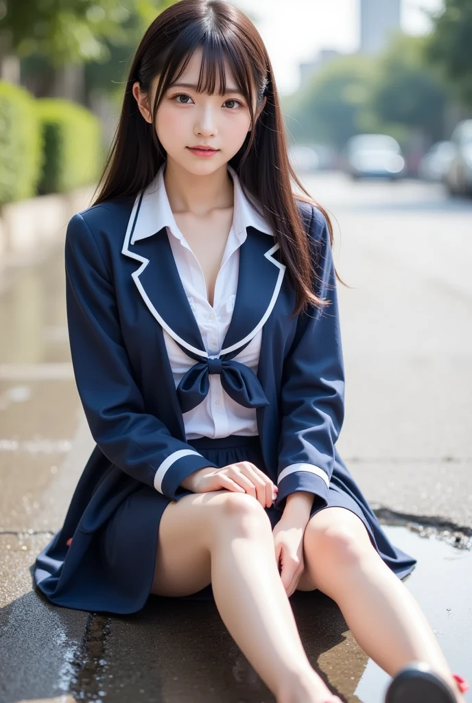  wearing a navy blue skirt and a traditional long-sleeved sailor suit with white accents、Fair-skinned Japanese  ******  professional photo of a girl .  she is sitting on a wet pavement ,  with her legs slightly open ,  Wearing .  composition emphasizes the slight reflection of her white pants in a small puddle .  The image emphasizes her idol-like beauty and 、Clearly ,  smooth skin and delicate facial features .  Soft, Natural Lighting ,  gentle shadows that enhance the texture of the uniform and the reflective surface of the puddle The .  the background is blurred to draw attention to the subject ,  composition creates a quiet yet playful atmosphere, and the .  Photographed with a 50mm lens f  /2. 8 ,  photorealistic aesthetics .