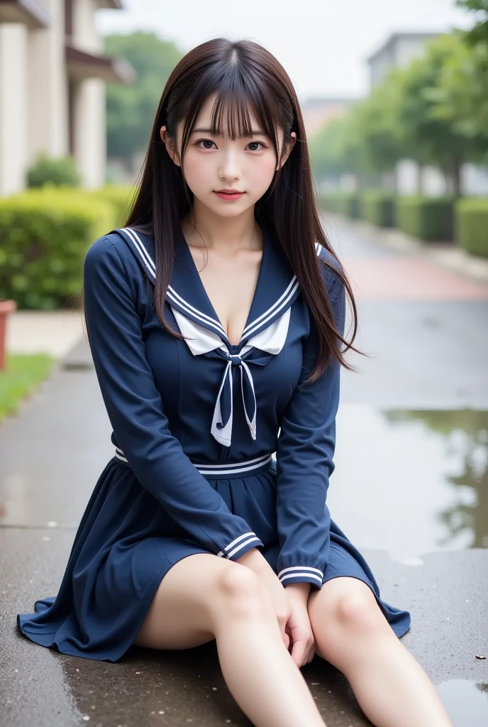  wearing a navy blue skirt and a traditional long-sleeved sailor suit with white accents、Fair-skinned Japanese  ******  professional photo of a girl .  she is sitting on a wet pavement ,  with her legs slightly open ,  Wearing .  composition emphasizes the slight reflection of her white pants in a small puddle .  The image emphasizes her idol-like beauty and 、Clearly ,  smooth skin and delicate facial features .  Soft, Natural Lighting ,  gentle shadows that enhance the texture of the uniform and the reflective surface of the puddle The .  the background is blurred to draw attention to the subject ,  composition creates a quiet yet playful atmosphere, and the .  Photographed with a 50mm lens f  /2. 8 ,  photorealistic aesthetics .