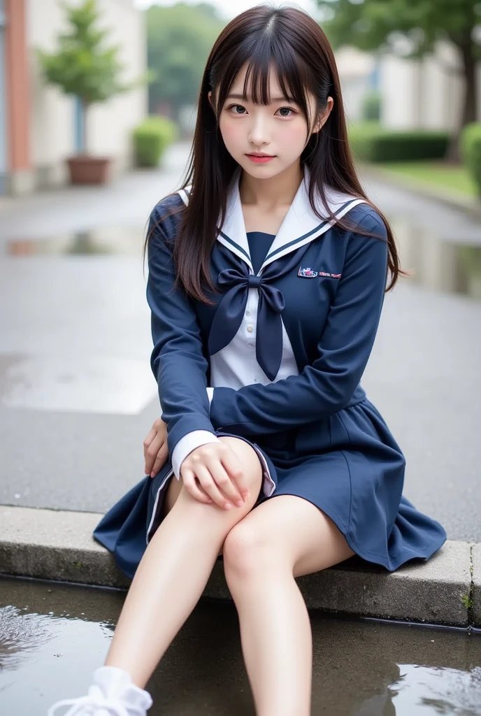  wearing a navy blue skirt and a traditional long-sleeved sailor suit with white accents、Fair-skinned Japanese  ******  professional photo of a girl .  she is sitting on a wet pavement ,  with her legs slightly open ,  Wearing .  composition emphasizes the slight reflection of her white pants in a small puddle .  The image emphasizes her idol-like beauty and 、Clearly ,  smooth skin and delicate facial features .  Soft, Natural Lighting ,  gentle shadows that enhance the texture of the uniform and the reflective surface of the puddle The .  the background is blurred to draw attention to the subject ,  composition creates a quiet yet playful atmosphere, and the .  Photographed with a 50mm lens f  /2. 8 ,  photorealistic aesthetics .