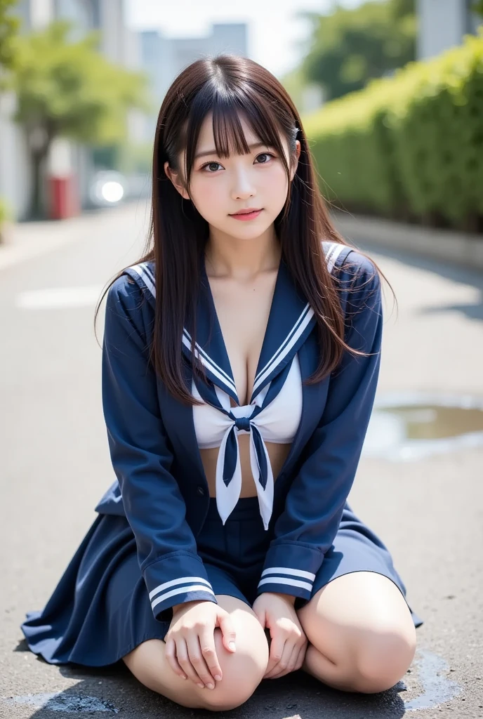 Low rise panties，lingerie，(masterpiece:1.3), (8k, Realistic, RAW Photos, Best image quality: 1.4), Japanese, (One Girl), Beautiful Face, (A vivid face), Beautiful hairstyle, Realistic eyes, Beautiful details in the eyes, (Realistic Skin), Beautiful skins, charm, 超A high resolution, Ultra-realistic, Attention to detail, Golden Ratio, (Detail Makeup:1.2), View your audience,Tabletop, highest quality, Very detailed, In detail, High resolution, Composition of the whole body、Open leg pose、Boldly open your legs、Beautiful details, Fitness Wear, Natural color lip,Realistic、Realistic、alone、Realistic、highest quality、Very detailed顔、Very detailed目と顔、Beautiful and detailed、Absurd、Unbelievably absurd、My hair is messy、Floating Hair、Brown Hair、Wavy Hairstyle、Middle Hair、(Very detailedCG、8K Image Wallpapers)、(Very delicate and beautiful)、(masterpiece)、(highest quality:1.0)、(超A high resolution:1.0)、Beautiful lighting、Perfect Lightning、Realistic Shadows、[High resolution]、Detailed skin、Very detailedな、Detailed face and eyes、Realistic eyes、Sharp pupils、Beautiful Face、Outdoor、Downtown Japan、Amidst the hustle and bustle、Blurred Background、Glowing Skin、Blunt bangs、Red Eye、(Sailor suit 1.2)、Sailor suits have long sleeves、Ultra HD Photos, 8K quality, Outdoor, Systemic composition, Looking at the camera, Japanese women, 20-year-old, Perfect beauty, Texture with visible pores, Perfect Face, Beautiful Skin, Beautiful Skin, Beautiful and toned body, Muscular, thin, Small breasts, Tight ass and small breasts、Small Ass、 Bloomers (Bloomers in Japan School, Seamless Design, Monochromatic Bloomers, Bloomers are dark blue, that&#39;that&#39;sit、Bloomers are elastic fabrics、Bloomers length from navel３ｃｍThe following degrees:::::::::::::::, )Legs wide open、、Expressionless、(Turn face to the side、)
