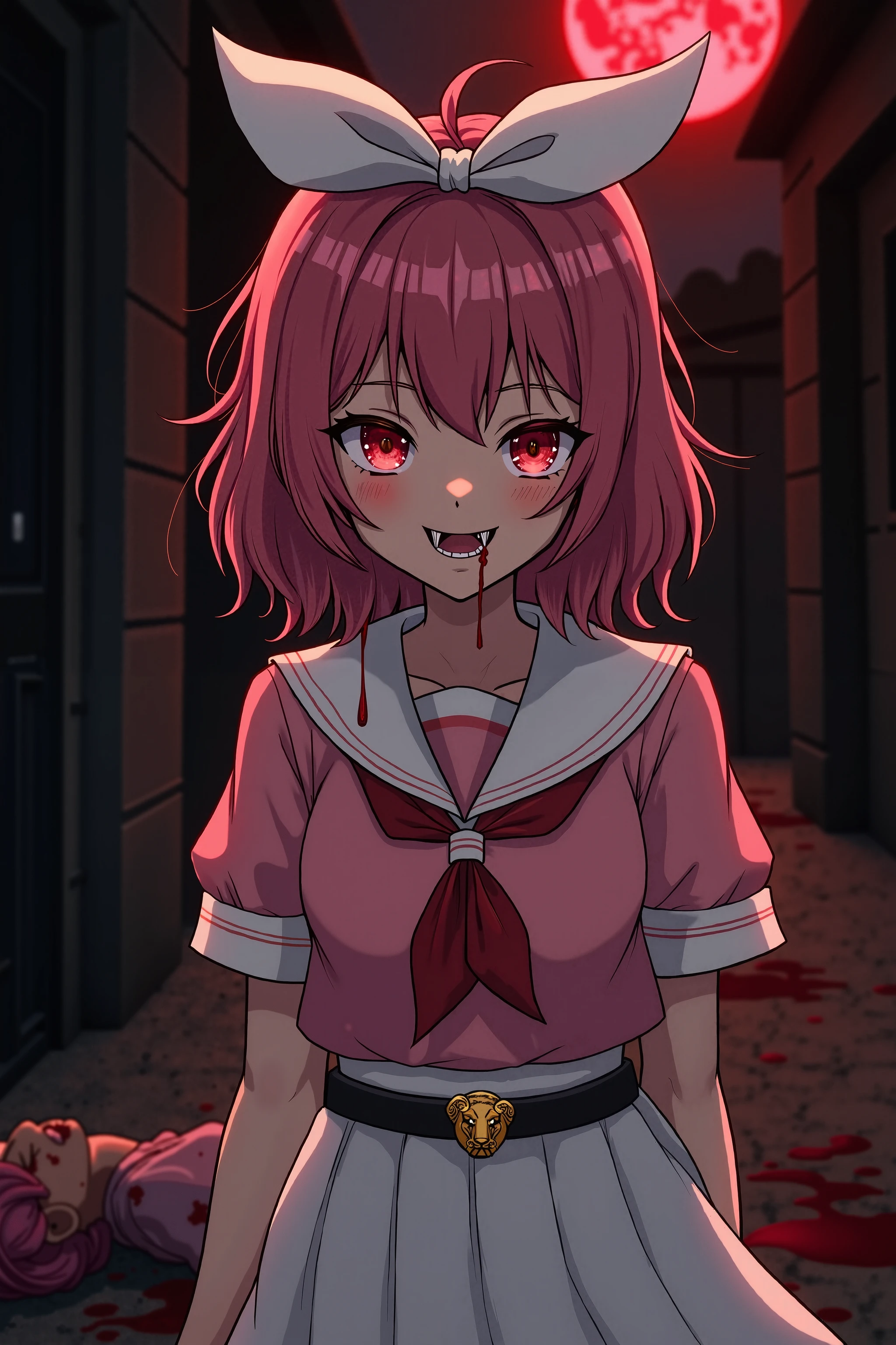 masterpiece, best quality, looking at viewer, facing viewer, bare legs, 1girl, solo, upper body, bow, serafuku, disgusted face, night time, heavy rain, outdoors, city, crop top, navel, wet clothes, drenched, overly long sleeves, hands in sleeves, blood tears, blood marks, dark alleyway, blood splattered on the ground, red bright light, glowing eyes, depth of field