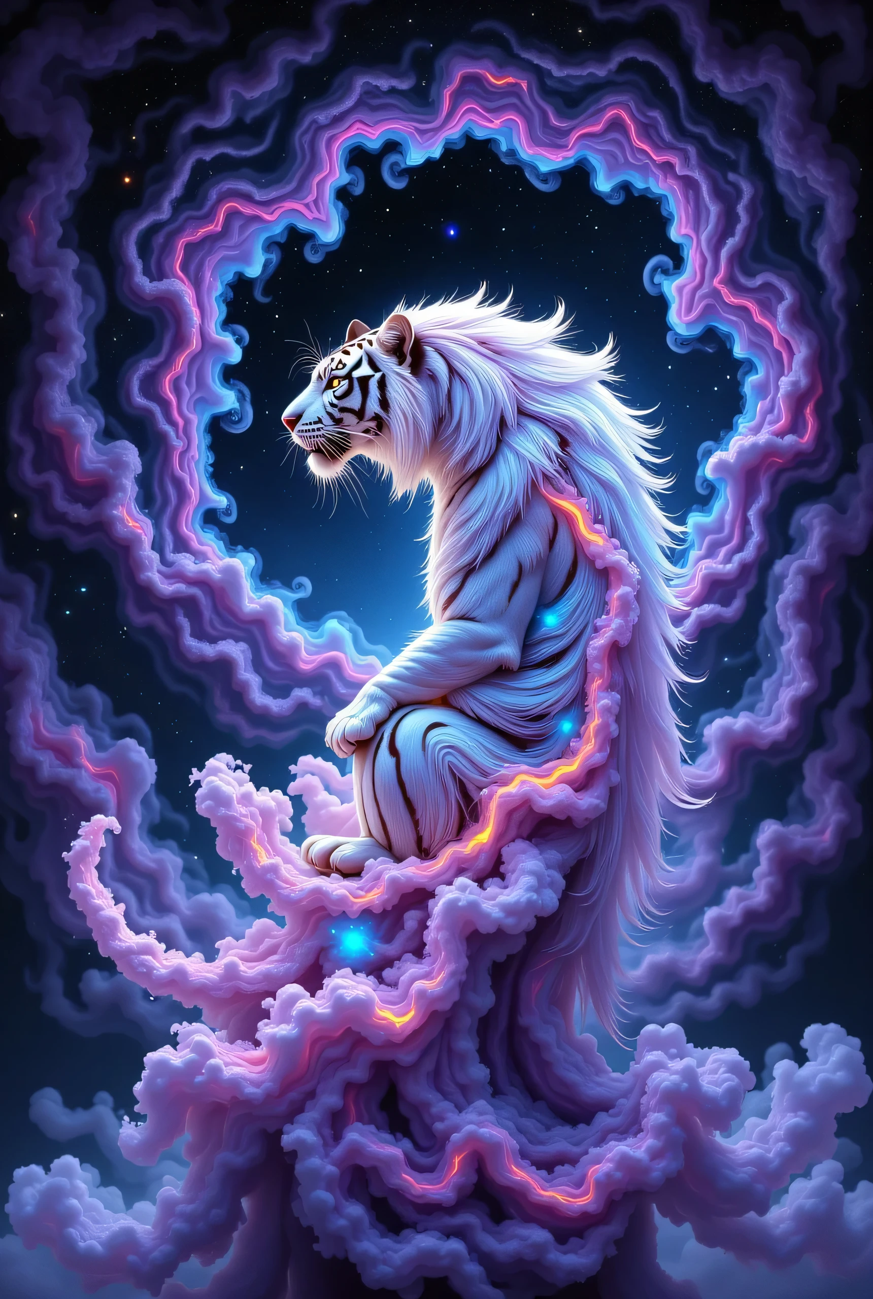 Intricate, swirling tendrils of smoke coalesce into the majestic form of a white tiger, suspended in mid-air as it overlaps with a vast, dark nebula, their ethereal boundaries blurring in a hypnotic dance. The tiger's mane is crafted from delicate, curling wisps of smoke, while the nebula's vibrant, undulating clouds take on the sinuous shape of the tiger's body, as if the cosmos itself were giving form to this mystical creature. Set against a soft, starry night sky, the scene is bathed in a celestial blue-purple hue, punctuated by vibrant accents of purple and pink, drawing the viewer into an infinite, atmospheric perspective. In the style of Ash Thorp, Simon Stalenhag, and Android Jones, this 8k resolution artwork is a masterclass in surreal, cosmic artistry, inviting the viewer to lose themselves in its intricate, otherworldly beauty.
