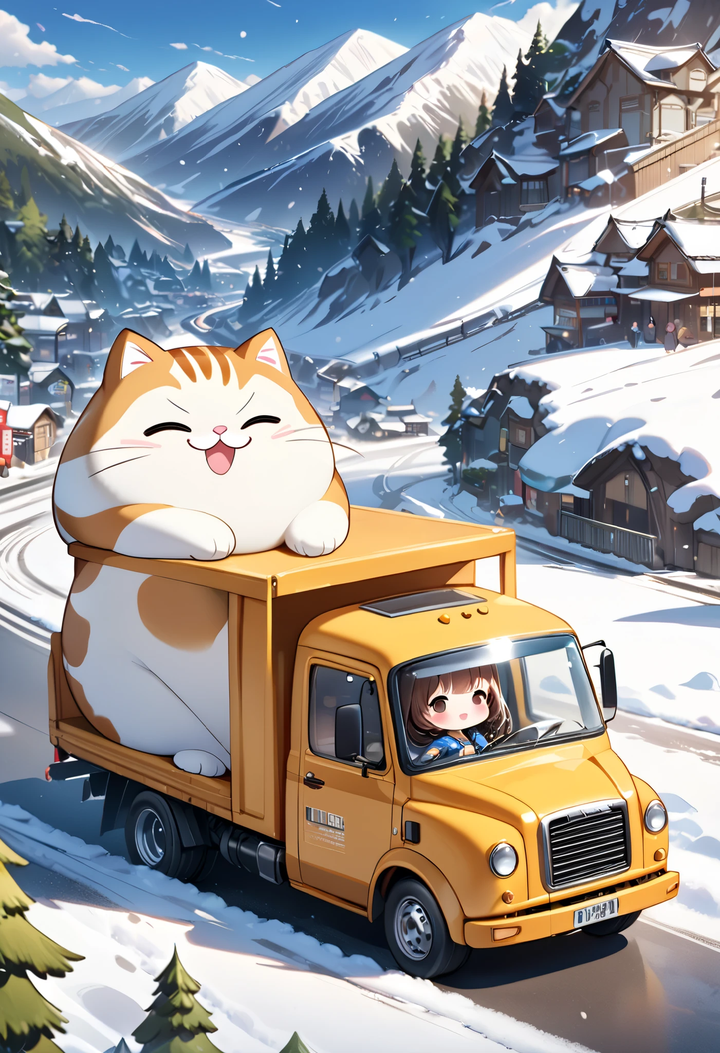 (masterpiece), (ultra-detailed), (best quality), (clear focus), dramatic scene, cinematic, shadow, (ultra-high resolution), (8k), perfect anatomy, perfect face, (detailed face), (detailed eye), (chibi:1.3), (cute Japanese chibi small girl:1.3), famous Japanese chibi idol, very beautiful with cute but cool face, (the girl is wearing a truck driver's outfit with coveralls with nylon jacket:1.2), boots, (medium breasts), (She is driving a small truck with very cute giant fat cats:1.3), at the shopping street in the mountain village, snow covered road, in winter, deep snow, leafless trees, (the giant fat cats are mewing on the truck:1.3), (detailed giant fat cat:1.3), they looks so happy, happy smile, (shoot from side), spectacular view of snow mountains