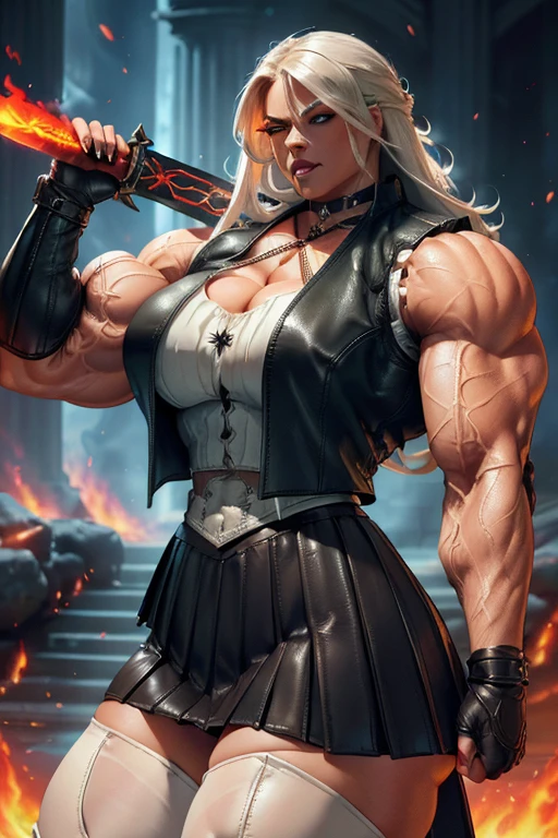 (((((Massive, beautiful, buff, light brown skinned muscular woman with white hair, black lipstick, ginormous bulky muscles, behind fire and wearing a gothic blouse with beautiful gothic skirt))))), (close view), massive muscles, hyper muscles, long straight hair, ((gothic blouse)), ((neon blue eyes)), (spiky gauntlets), choker, ((beautiful black gothic skirt with gothic belt)), black high heels, (on top of a dilapidated building), (Dark and moody universe:1.3), closed smile, night,