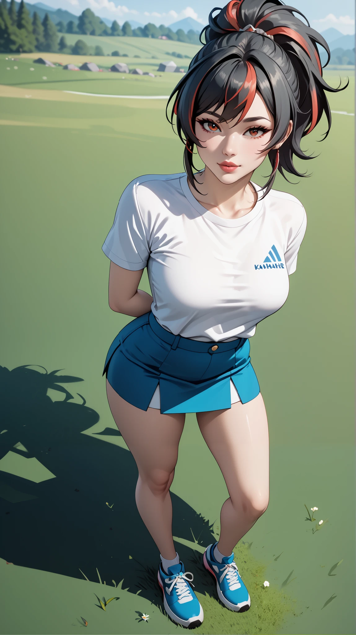 Masterpiece, extremely detailed,4k,solo, 1girl, Zhu yuan, ponytail streaked hair, blussesh cheeks, long hair,full body ,perfect slim body ,long legs,arms behind back,perfect slim body, very large breasts, ((kawai face)),Klimaks ekspression,(thin lips),white tshirt,Short sleevee,  mini skirt, cowboy shoot,((grass)), Front look, ((looking at viewers)) 
