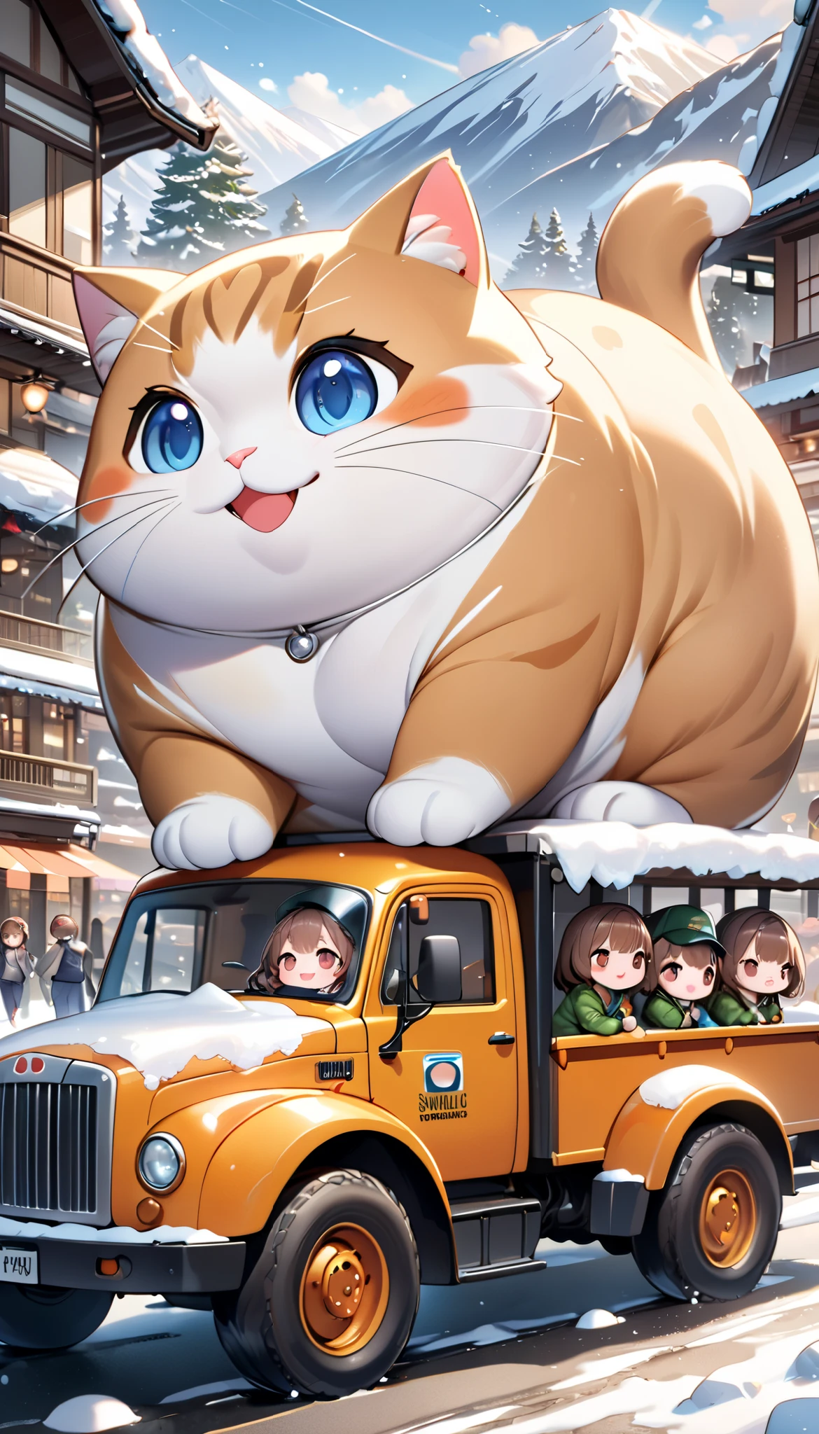 (masterpiece), (ultra-detailed), (best quality), (clear focus), dramatic scene, cinematic, shadow, (ultra-high resolution), (8k), perfect anatomy, perfect face, (detailed face), (detailed eye), (chibi:1.3), (cute Japanese chibi small girl:1.3), famous Japanese chibi idol, very beautiful with cute but cool face, (the girl is wearing a truck driver's outfit with coveralls with nylon jacket:1.2), boots, (medium breasts), (She is driving a small truck with very cute giant fat cats:1.3), at the shopping street in the mountain village, snow covered road, in winter, deep snow, leafless trees, (the giant fat cats are mewing on the truck:1.3), (detailed giant fat cat:1.3), they looks so happy, happy smile, (shoot from side), spectacular view of snow mountains
