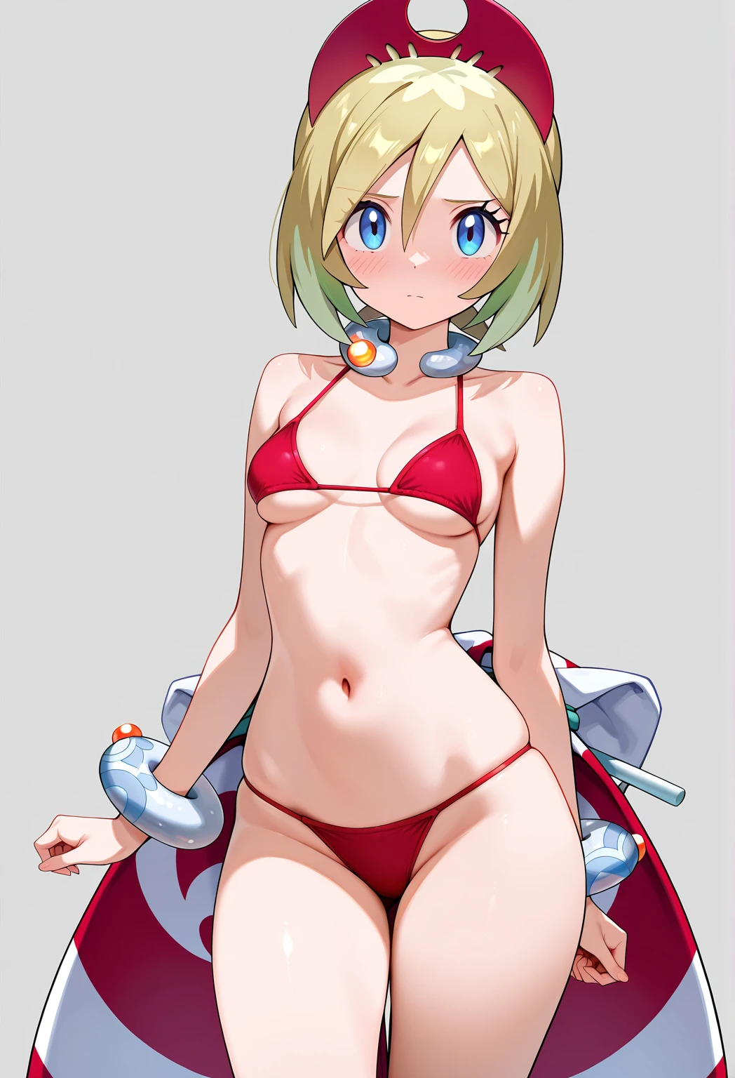 masterpiece, highest quality, High resolution, Serena \(Pokemon\), short hair, blue earrings, blue eyes, One girl, alone, bikini, barefoot, bangs, Show off your sides, Turtleneck sweater, Sitting, Side view, Side view, Curvy, smile, Happy, Medium chest, teenager, Open your mouth, looking at the camera, jewelry, To the camera, Lean forward slightly,