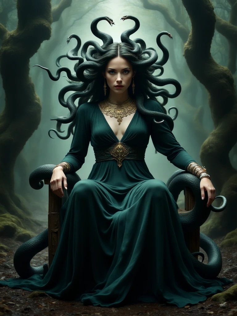 very wide shot, perspective, Medusa, detailed face, her hair is composed of writhing snakes, sitting on the throne shrouded in deep shadows, a regal and terrifying figure, beautiful, ((flowing Grecian robe made of deep black silk with subtle green undertones)), golden snake-themed jewelry BREAK ultra high res, extremely detailed, ((raw photo, realistic, photorealistic)), deep focus, sense of depth, dark atmosphere, menacing, mystical, sense of haunting beauty BREAK in a mysterious deep dark forest, dense fog, towering twisted trees, ((several stone statues of adventurers frozen mid-motion in the foreground)), dim beams of light penetrate through the forest canopy, cinematic lighting, high contrast lighting, (((masterpiece, best quality, high quality)))